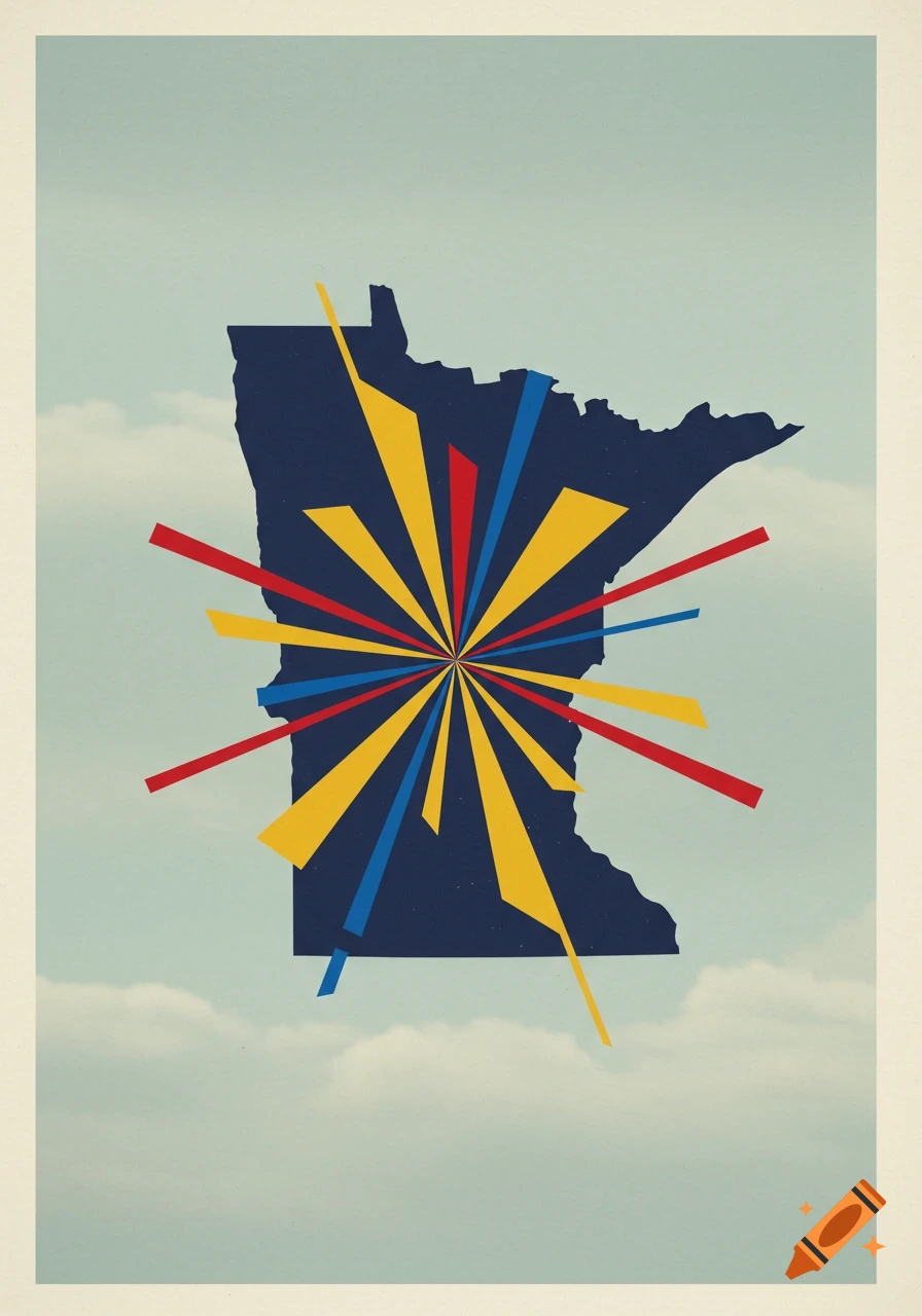 A stylized map of Minnesota with yellow, red, and blue rays emanating from its center.