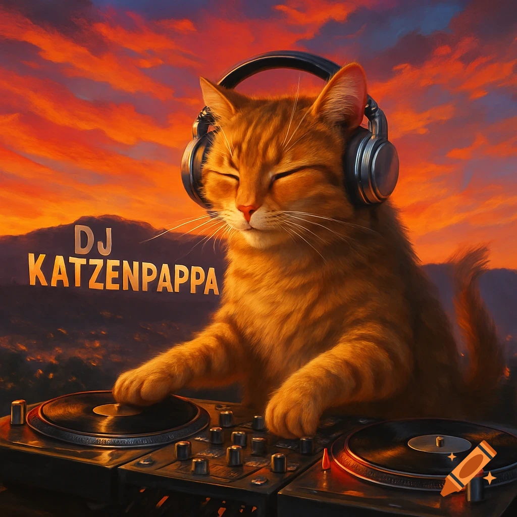 An orange cat DJing with headphones on, against a vibrant sunset sky, with 'DJ KATZENPAPPA' text in the background.