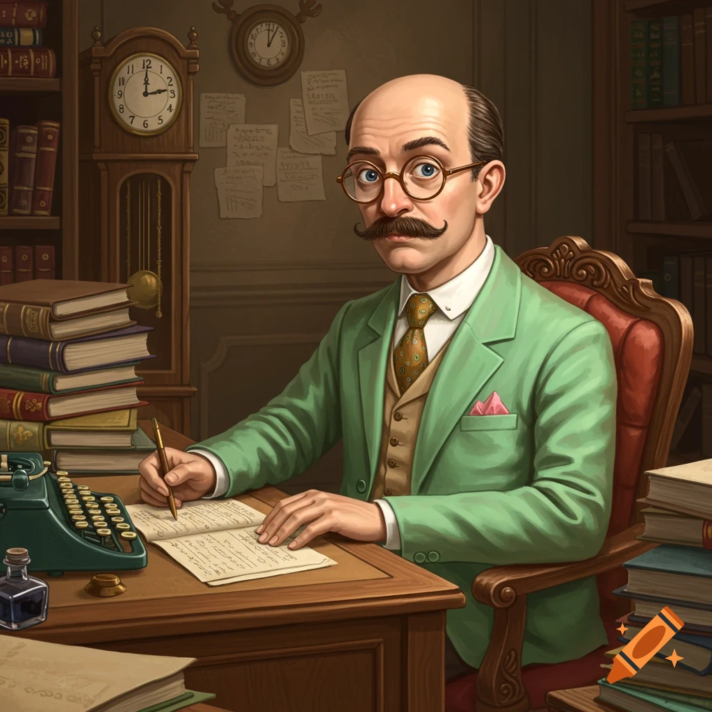A man with a mustache and glasses in a green blazer sits at a wooden desk, writing on paper with a pen, surrounded by books and a typewriter.