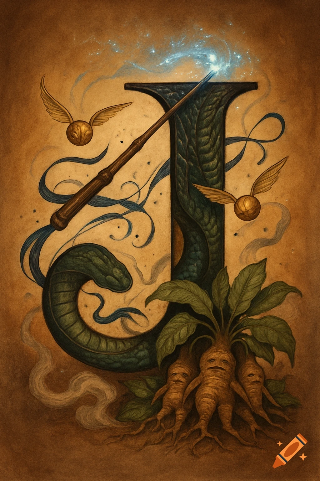 An intricate, illustrated letter J, adorned with Harry Potter elements: a magic wand, golden snitches, a green snake, and mandrake roots.
