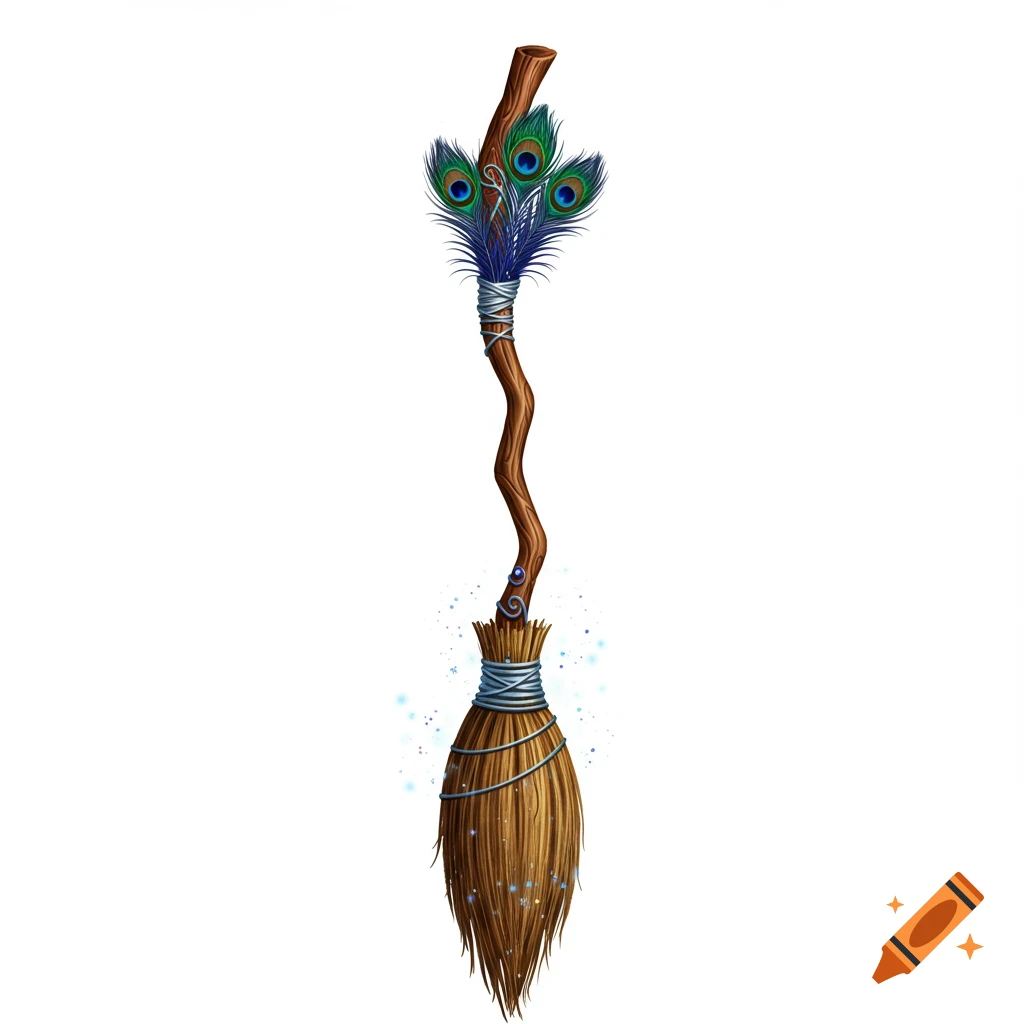 A magical broom with peacock feathers and a curved wooden handle, on a white background.