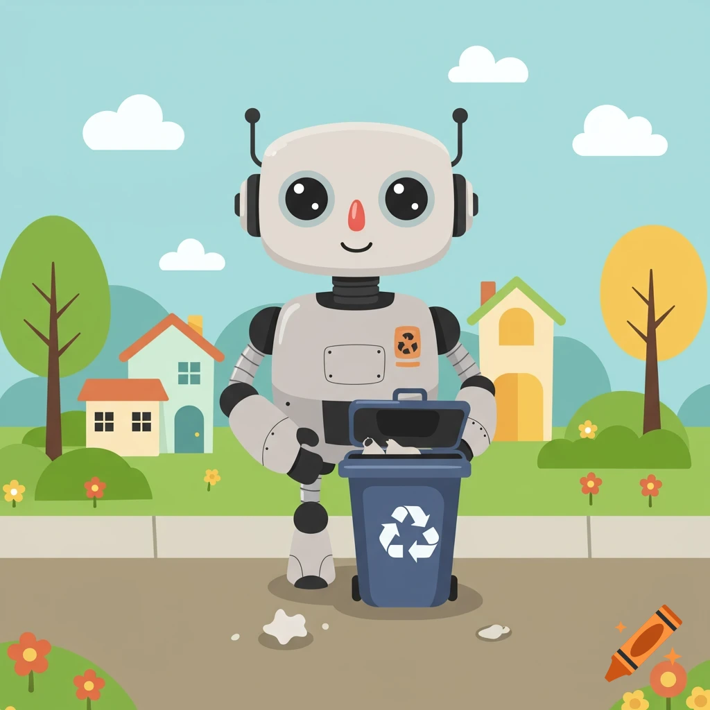A cute cartoon robot stands next to a recycling bin, collecting trash in a colorful small town illustration.