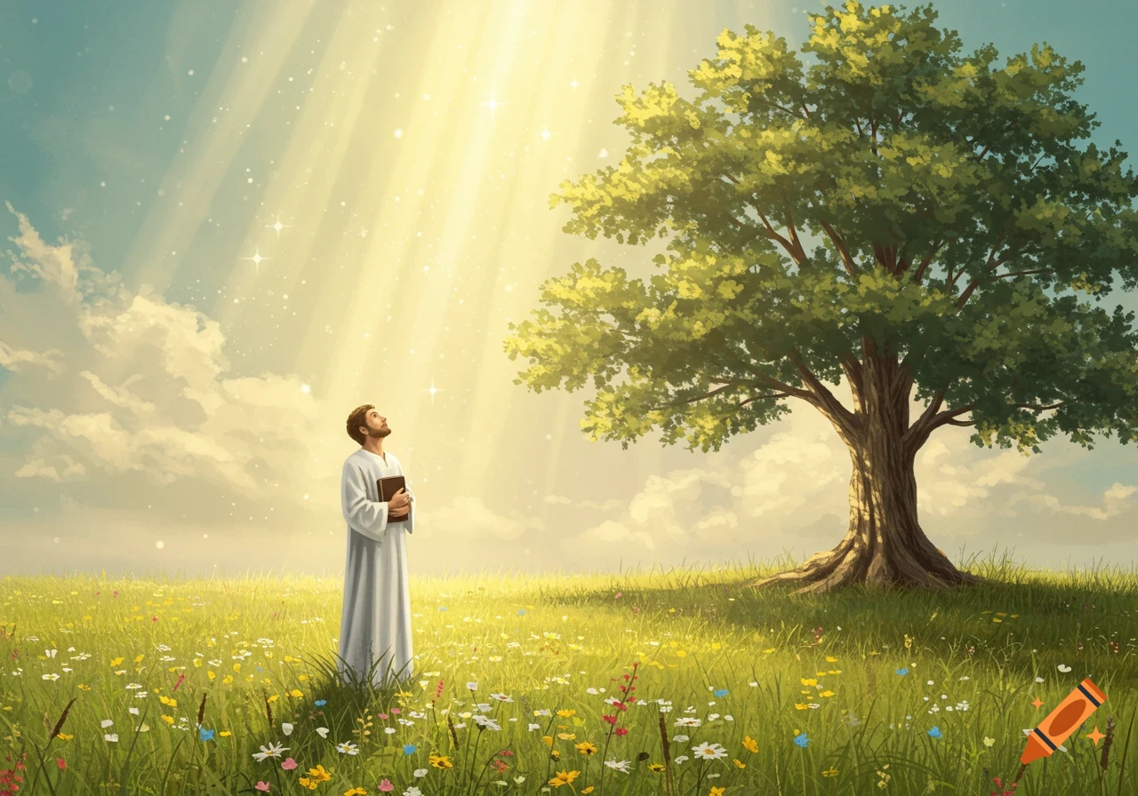 A man in a white robe holds a book and looks up at bright rays of light shining down from the sky over a grassy field with wildflowers and a large tree.
