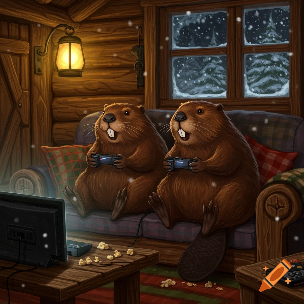 Two cartoon beavers are intently playing video games on a cozy couch in a rustic wooden cabin, with snow falling outside.