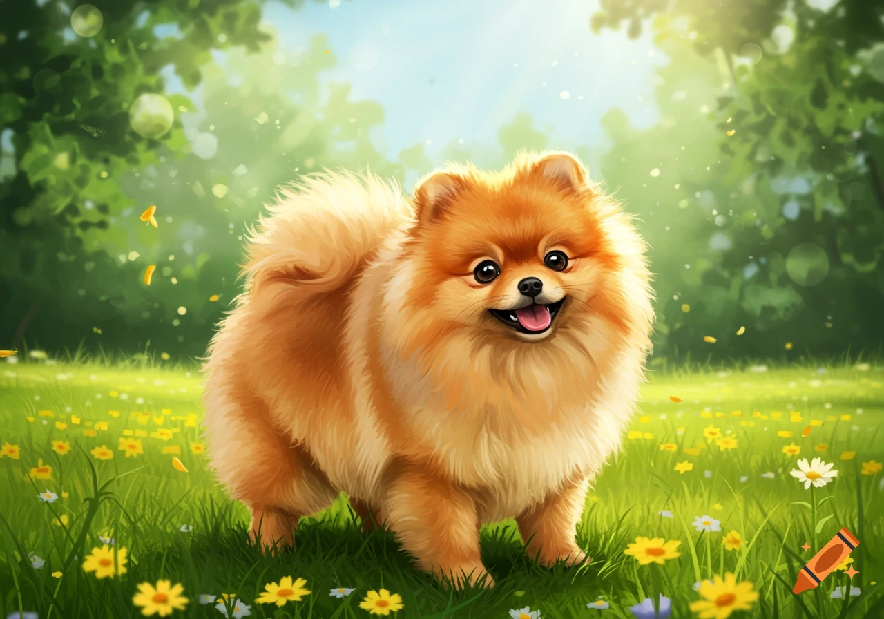 A fluffy orange Pomeranian dog with a happy expression stands in a vibrant green meadow filled with yellow and white flowers under a sunny sky, in an illustrative style.