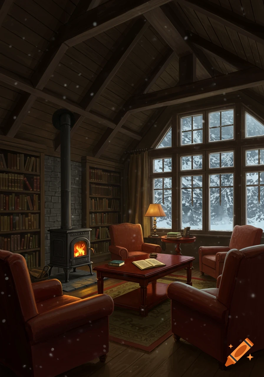 A cozy library room with a lit wood-burning stove, bookshelves, and armchairs, looking out a large window at a snowy forest.