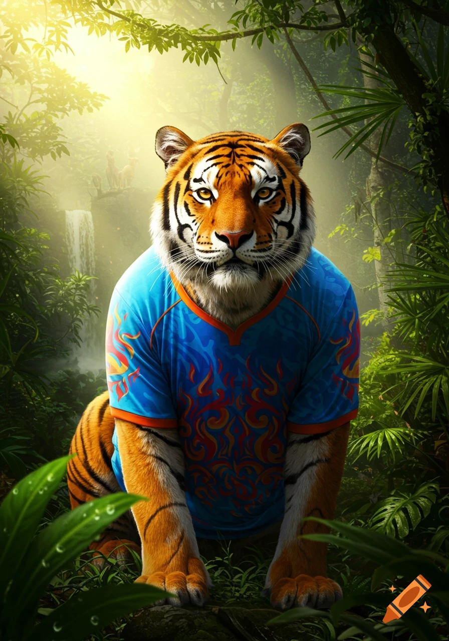 A photorealistic tiger in a blue jersey with flame patterns stands in a lush jungle with a waterfall.