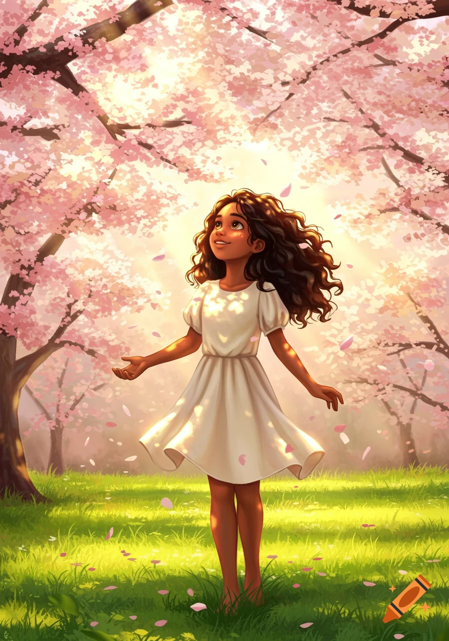 A young girl with curly hair in a white dress stands under blooming cherry blossom trees in a sunny field, looking up at falling petals in a vibrant illustration style.