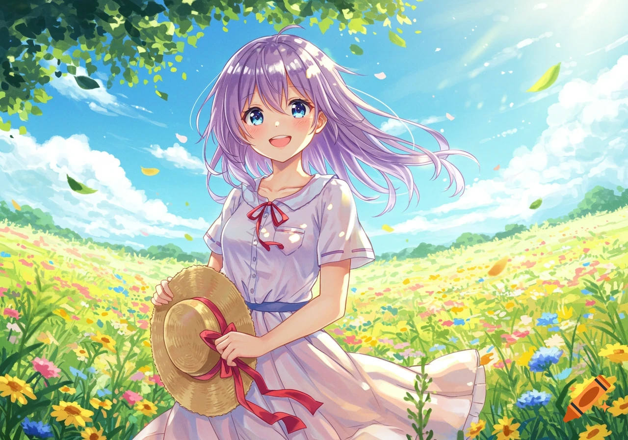 An anime girl with long lavender hair and blue eyes smiles in a sunlit field of colorful flowers, holding a straw hat.