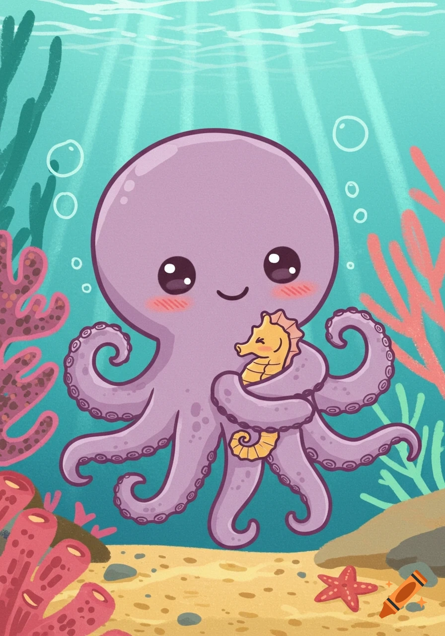 A cute purple chibi cartoon octopus with rosy cheeks hugging a yellow seahorse in a colorful coral reef.