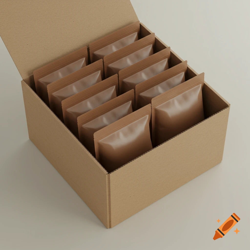 Brown standup pouches neatly packed inside an open cardboard corrugated box on a plain background.