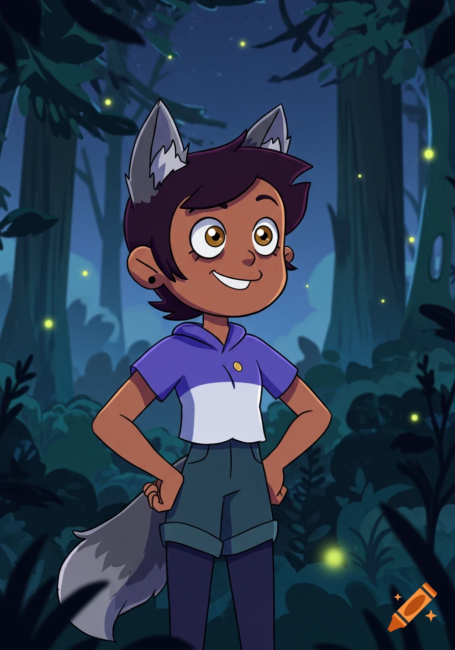A cartoon character with brown skin and dark hair, wearing wolf ears and a tail, stands in a dark forest at night with glowing fireflies.