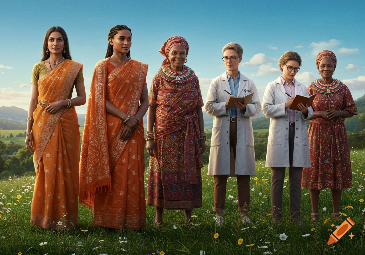 Six diverse women, including some in saris and others in lab coats, stand in a sunny field with flowers and rolling hills under a blue sky.