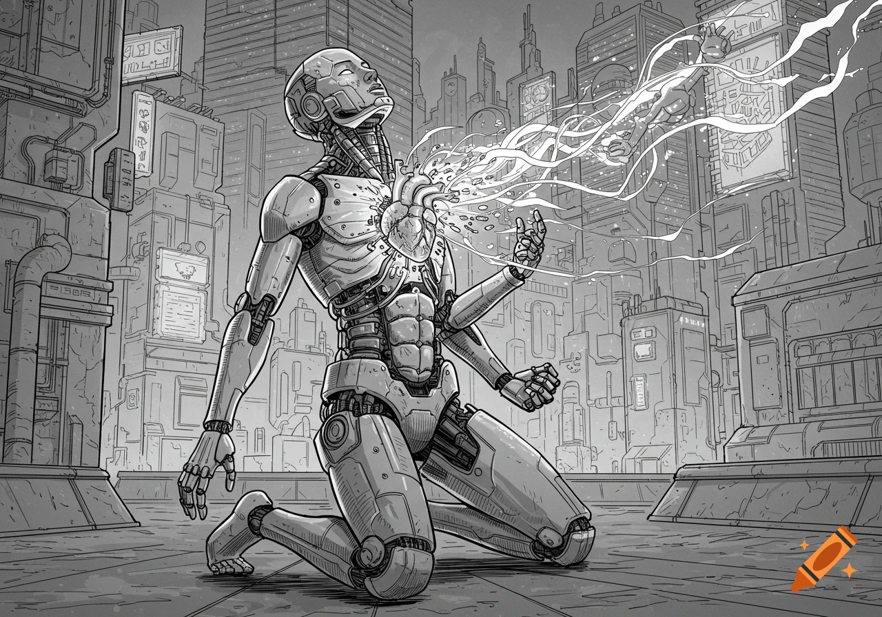 A black and white comic-style drawing of a robot kneeling in a cyberpunk city with a glowing heart being pulled from its chest.