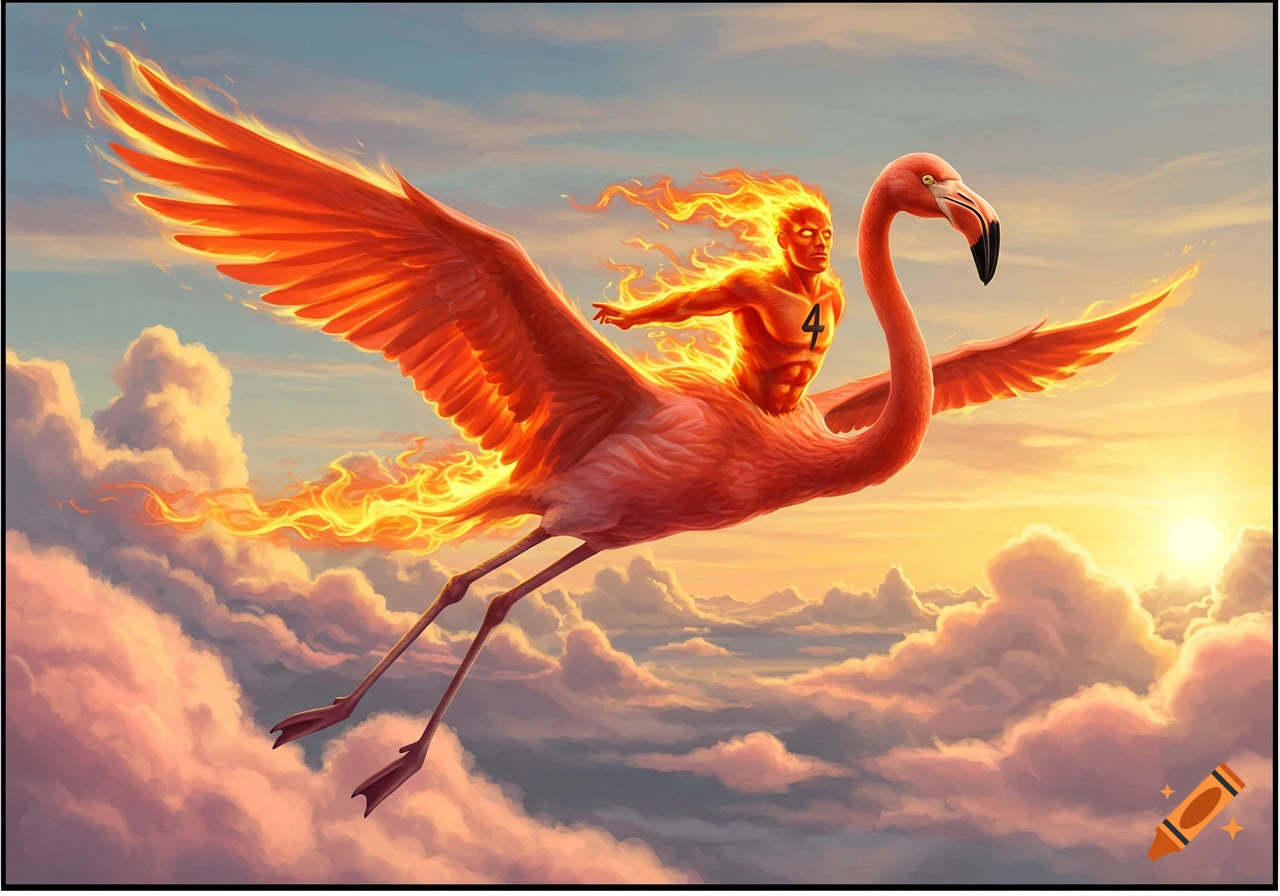 The Human Torch, aflame, rides a giant pink flamingo through a vibrant sunset sky filled with clouds.