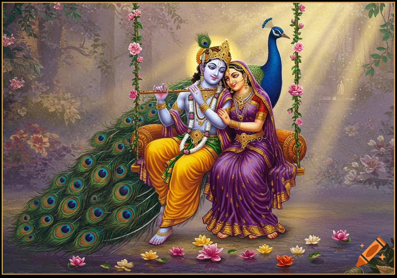 Lord Krishna playing flute with Radha on a swing adorned with peacock feathers, surrounded by flowers and a peacock.