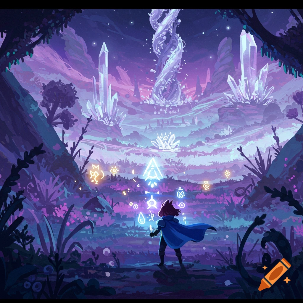 A character in a blue cloak stands in a vibrant purple fantasy landscape with glowing crystals and magic symbols.