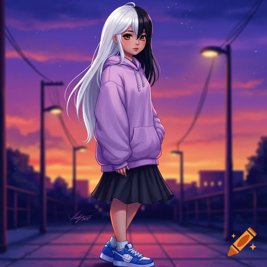An anime girl with split white and black hair, wearing a pink oversized hoodie, black skirt, and blue Nike shoes, stands on an urban street at sunset.