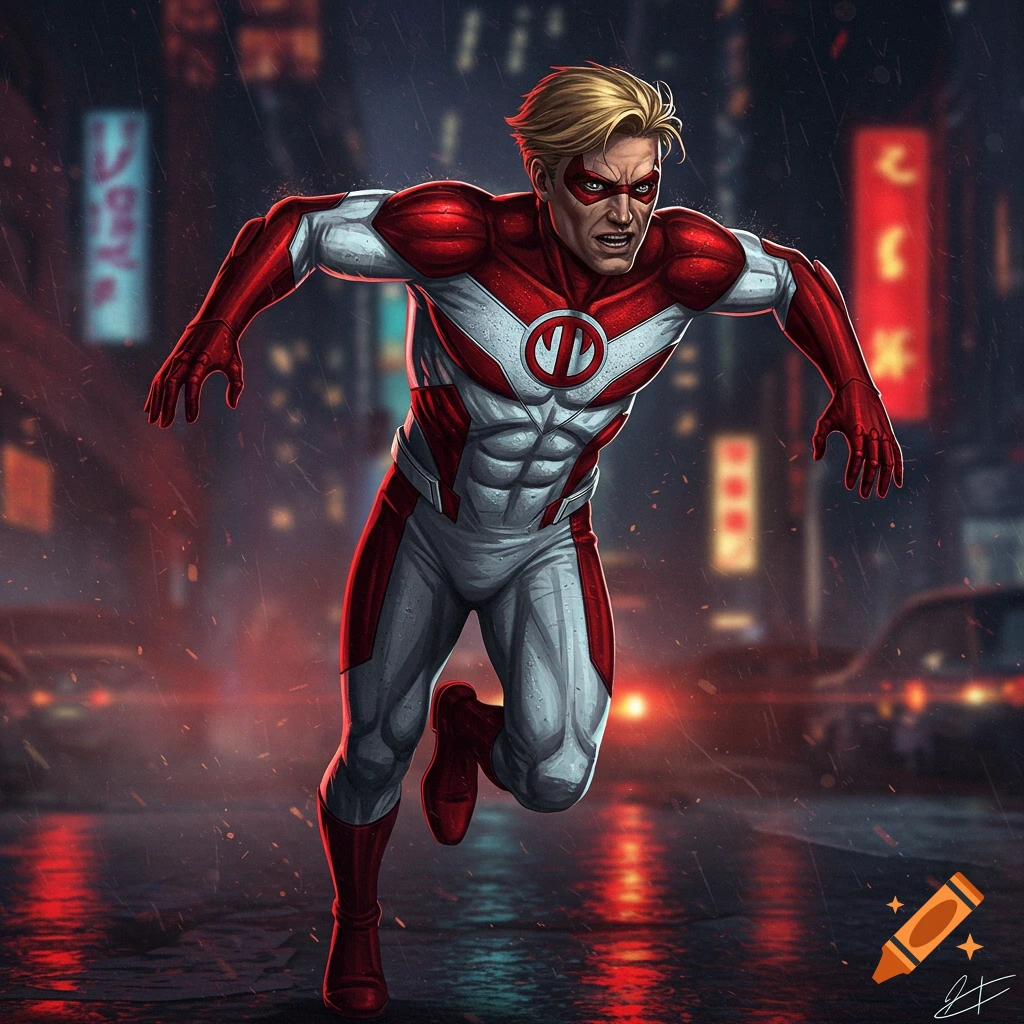 A blond man in a red and white superhero suit and eye mask runs on a rainy city street at night in a comic book art style.