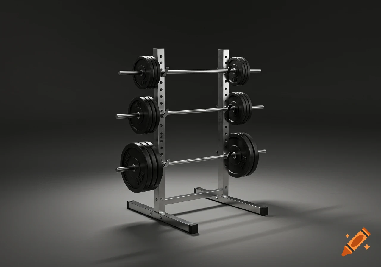A photorealistic image of a metal weight rack holding three barbells with black weight plates against a dark gray background.