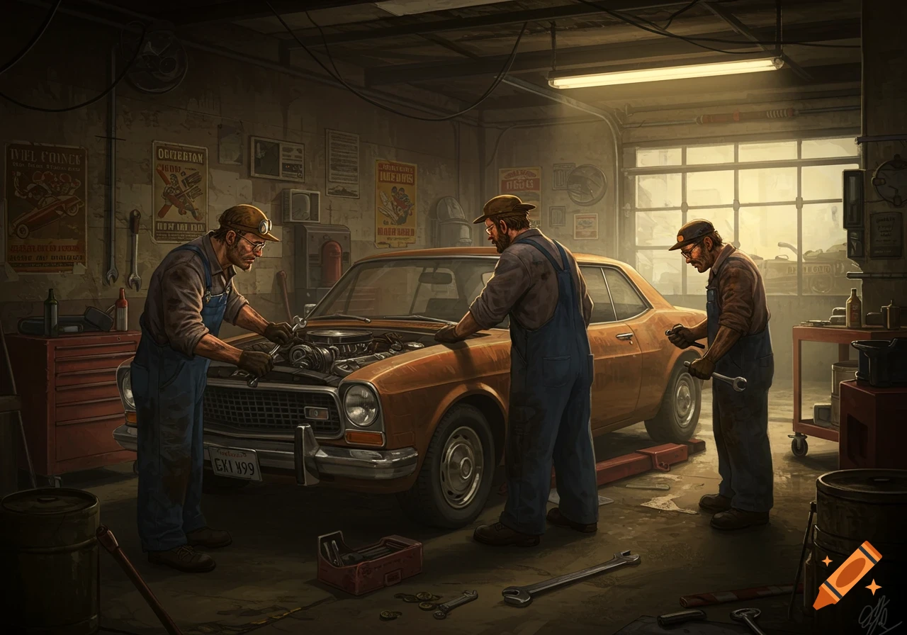Three mechanics work on a classic car in a cluttered, vintage-style garage.