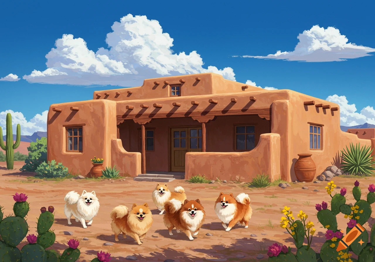 Five fluffy Pomeranian dogs run in front of a traditional adobe Santa Fe house with cacti under a blue sky, in an illustrative style.