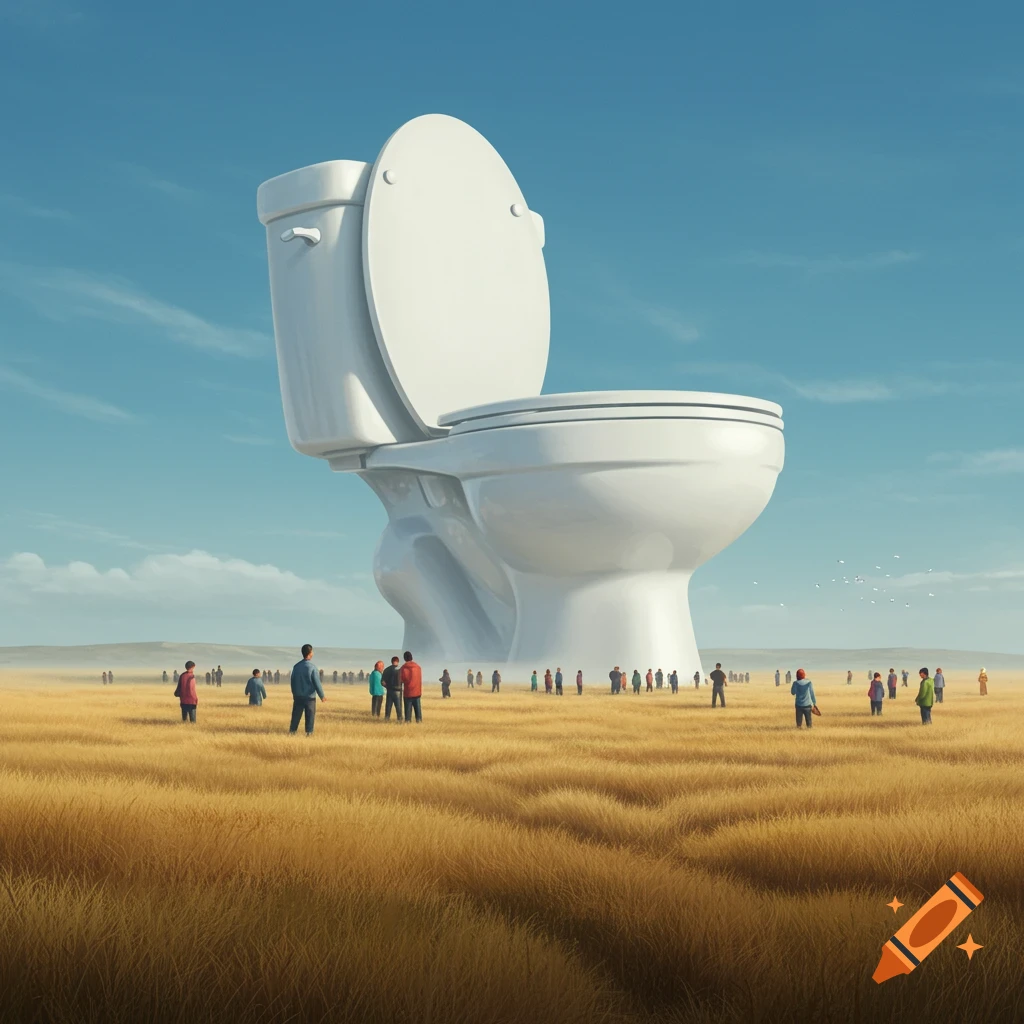 A massive white toilet stands in a golden field under a blue sky, surrounded by tiny human figures. Surreal art.