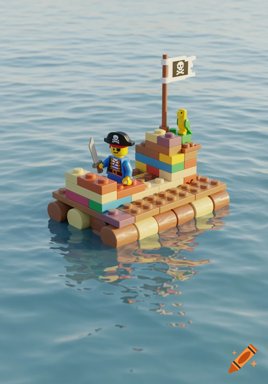 A Lego pirate minifigure on a colorful Lego raft with a skull and crossbones flag and a green parrot, floating on blue water.