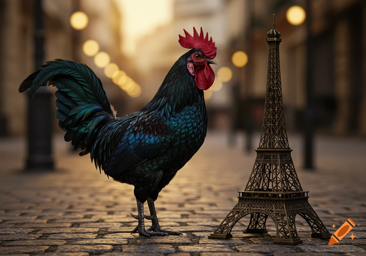 A black rooster stands on a cobblestone street next to a miniature Eiffel Tower model with city lights in the background.