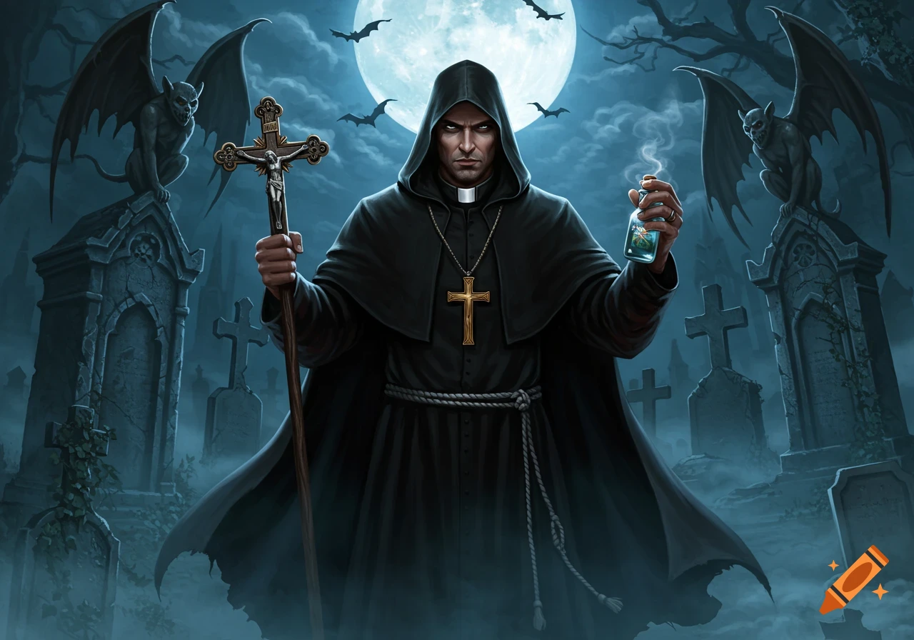 A hooded priest holding a crucifix and a smoking vial stands in a spooky graveyard with gargoyles and bats under a full moon.