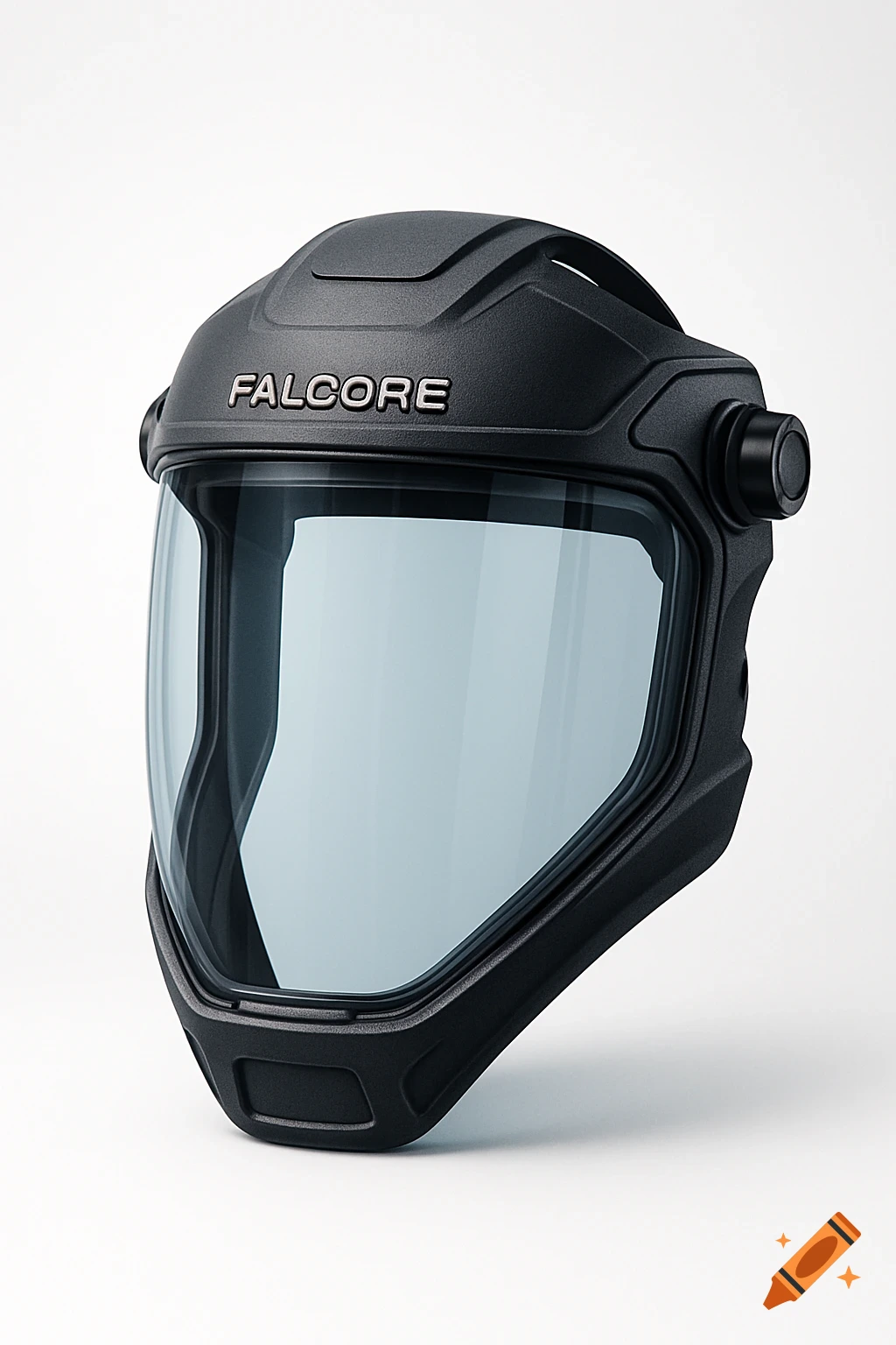 Black industrial face shield with 'FALCORE' logo against a white background, photorealistic style.
