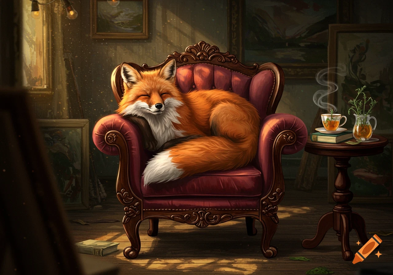 A peaceful red fox sleeps soundly in an ornate red armchair, bathed in warm sunlight, with a steaming teacup on a nearby table.