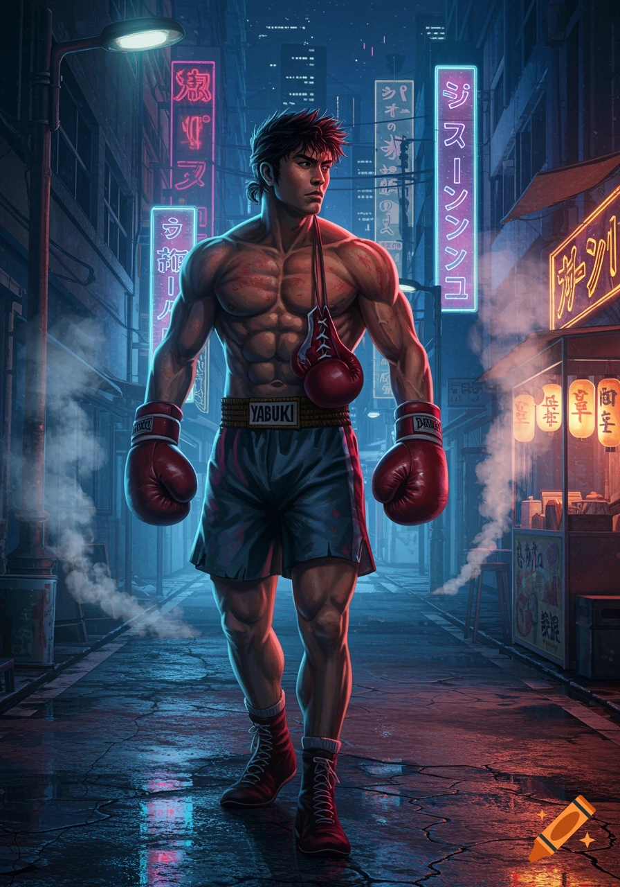 A muscular boxer with red gloves and trunks stands in a cyberpunk alleyway lit by blue and pink neon signs.