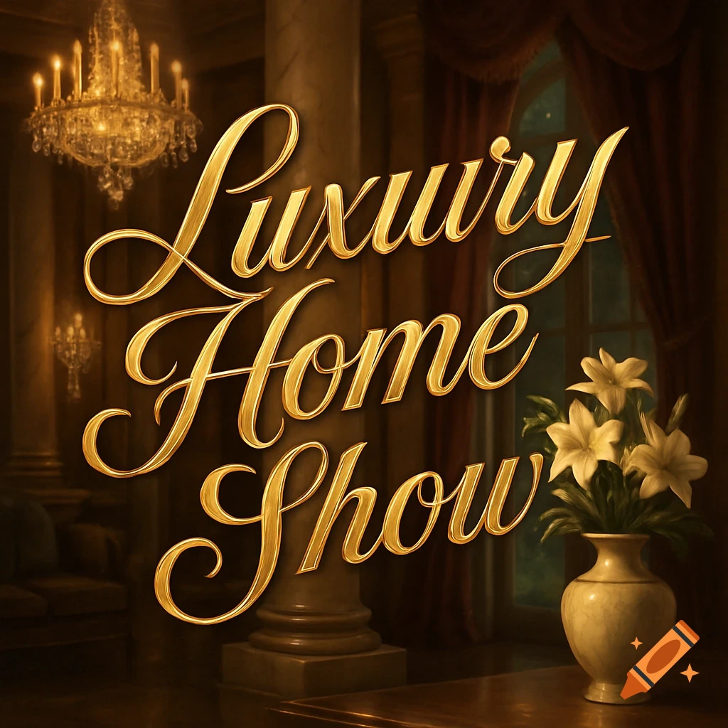 Ornate golden text 'Luxury Home Show' over a luxurious room with chandeliers, columns, and a vase of lilies.