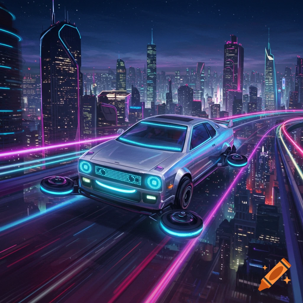A silver futuristic flying car with a happy face drives on a neon highway through a cyberpunk city at night.