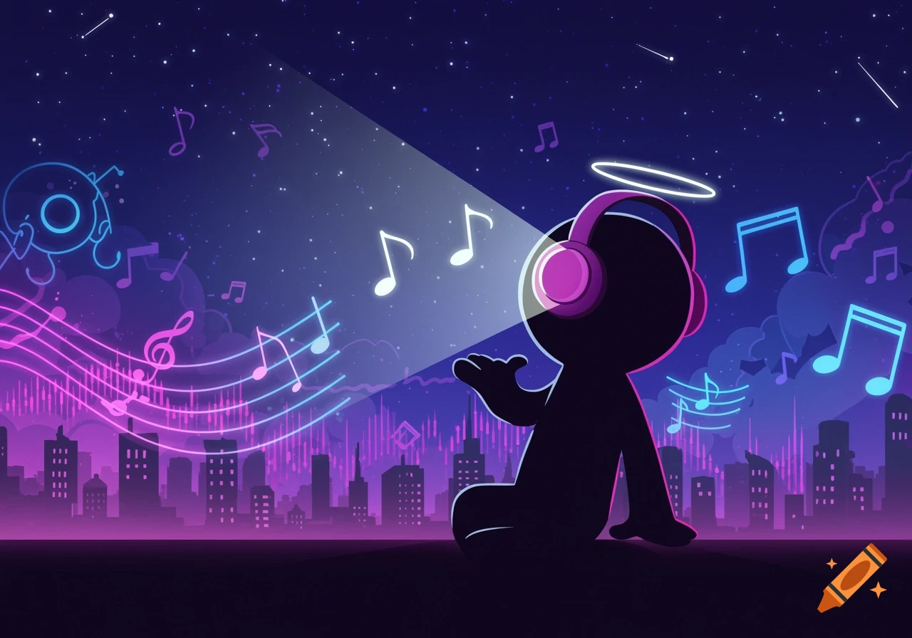 A cartoon silhouette figure with headphones, surrounded by musical notes, against a neon city skyline at night.
