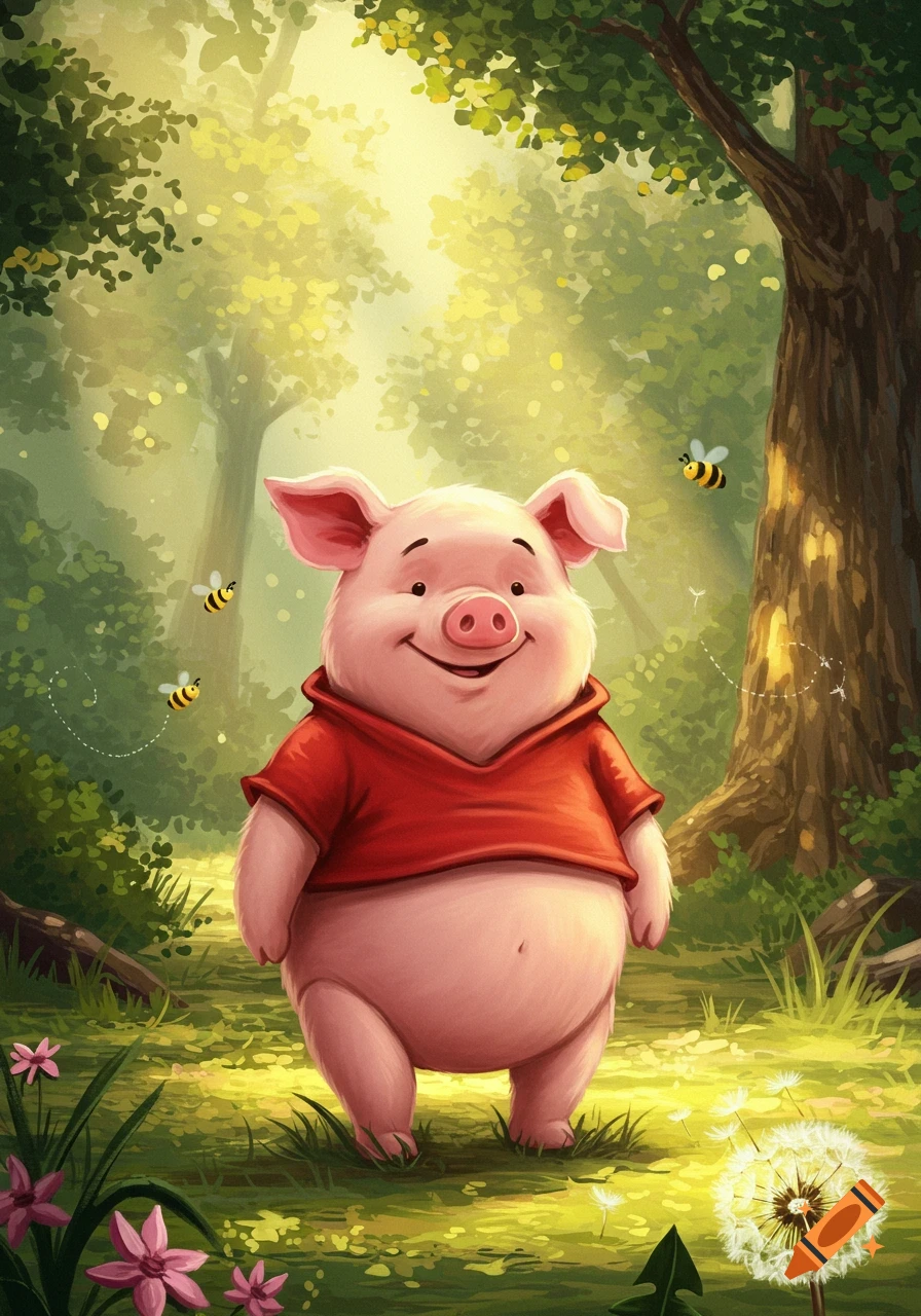 A cute cartoon pig in a red shirt stands smiling in a sun-dappled forest, with bees flying around.