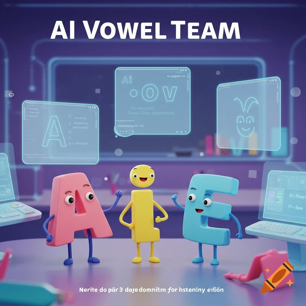 A colorful 3D cartoon image featuring personified letters A, I, and E standing on a desk with laptops and holographic screens displaying text. The top of the image reads 'AI VOWEL TEAM'.