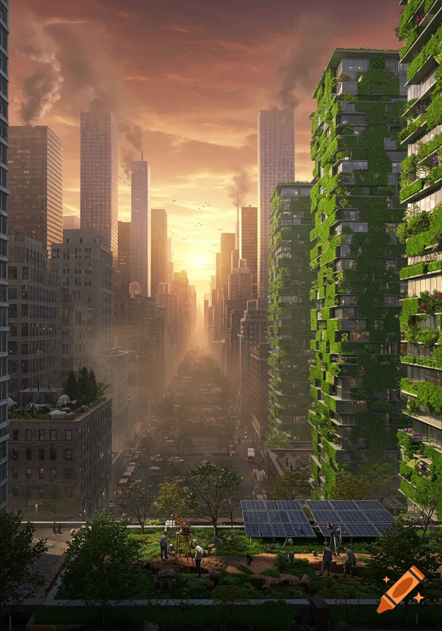 A photorealistic cityscape at sunset showing a mix of conventional skyscrapers and green, plant-covered buildings, with rooftop gardens, solar panels, and people below.