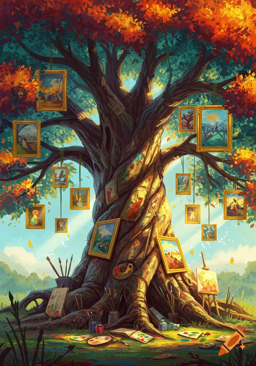A vibrant, richly illustrated tree with autumn leaves, adorned with hanging framed paintings and surrounded by art supplies at its base.