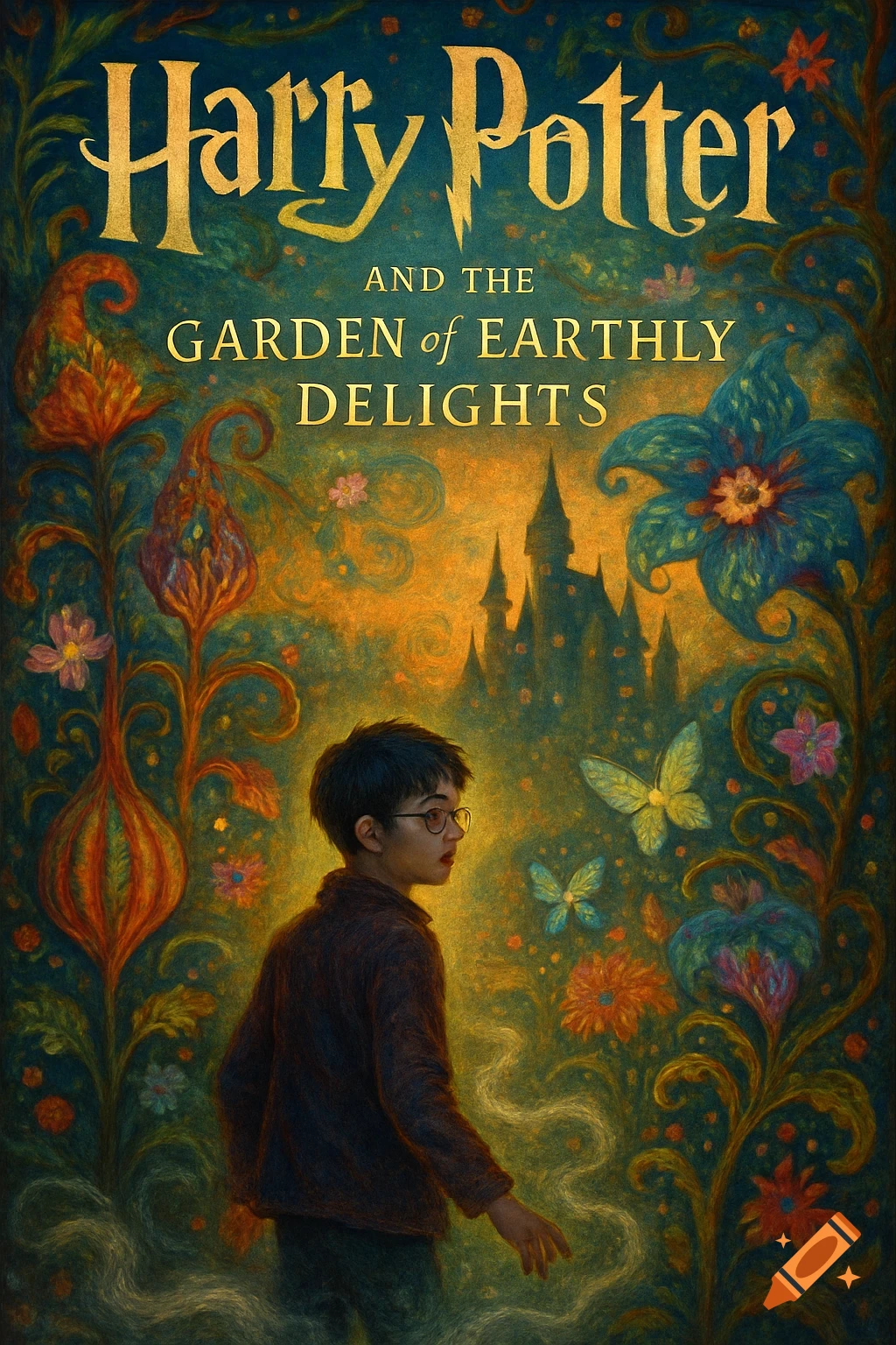 Illustrated cover for 'Harry Potter and the Garden of Earthly Delights' featuring a boy in a magical garden with a castle.