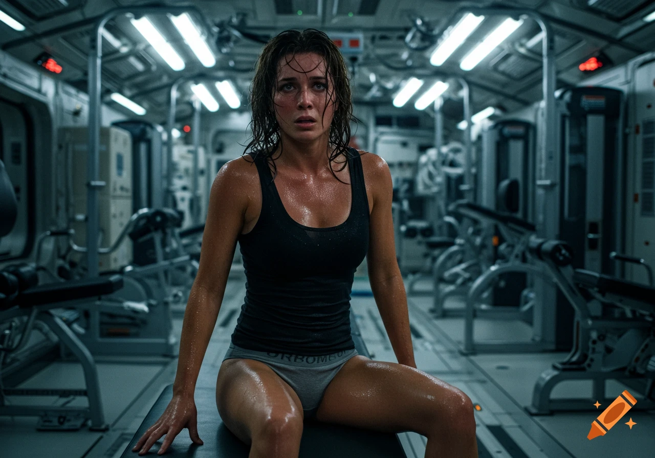 A very sweaty brunette woman in a tank top and underwear sits worriedly in a brightly lit space station exercise center, appearing distressed.