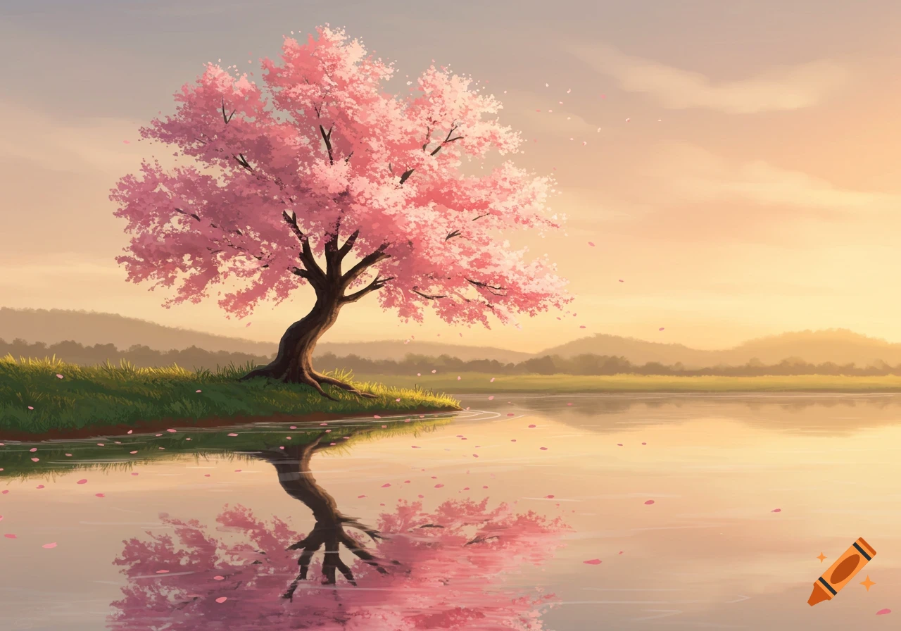 A vibrant cherry blossom tree on a grassy bank by a calm lake, reflecting the pink blossoms and the warm sunset sky in a painted style.