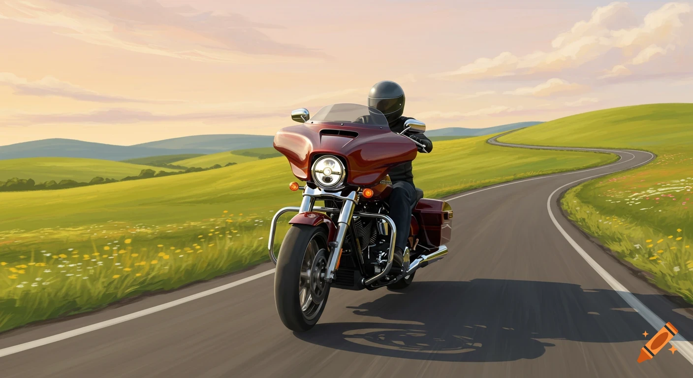 A person on a red motorcycle rides a winding road through green hills under a sunset sky.