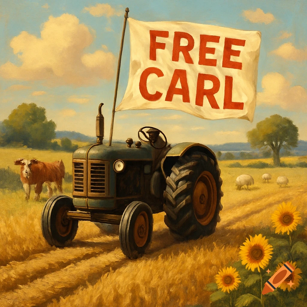 A painting of an old green tractor in a golden field, flying a white banner that reads "FREE CARL". A cow, sheep, and sunflowers are also in the field.