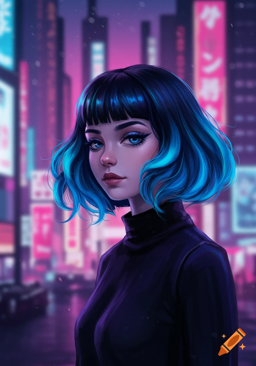 Anime girl with blue and black bob hair and blue eyes, standing in a blurred neon cyberpunk city at night.