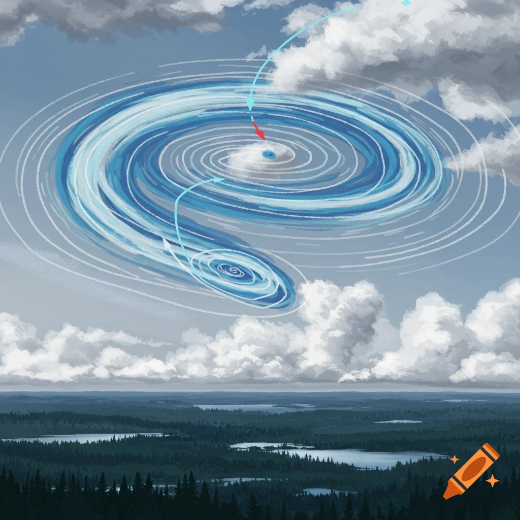 A stylized blue and white swirling weather vortex above a dark forest and lakes under a cloudy sky.