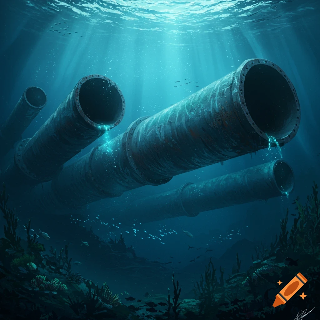 Large, rusty industrial pipes submerged deep underwater, with schools of small fish and aquatic plants, illuminated by sunlight filtering from above.