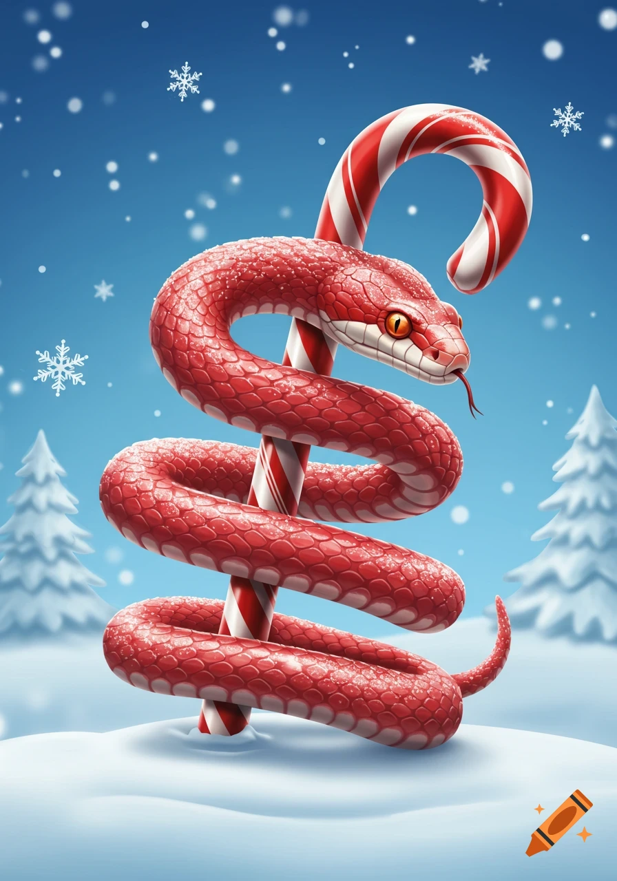 A stylized red snake with orange eyes wrapped around a large red and white striped candy cane in a snowy landscape with falling snowflakes and pine trees.