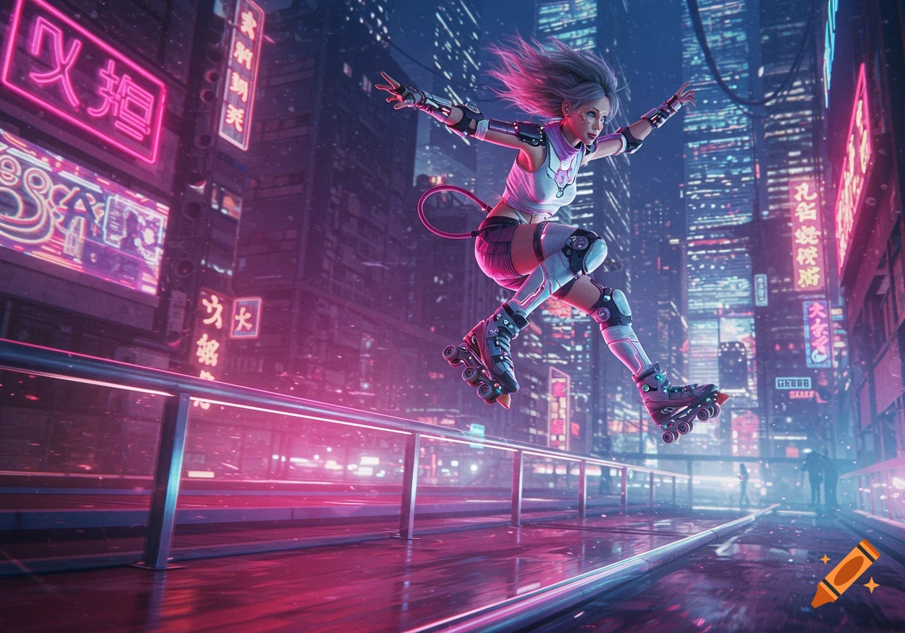 A female roller skater in cyberpunk gear jumps mid-air against a neon-lit futuristic city backdrop, dynamic and action-packed.